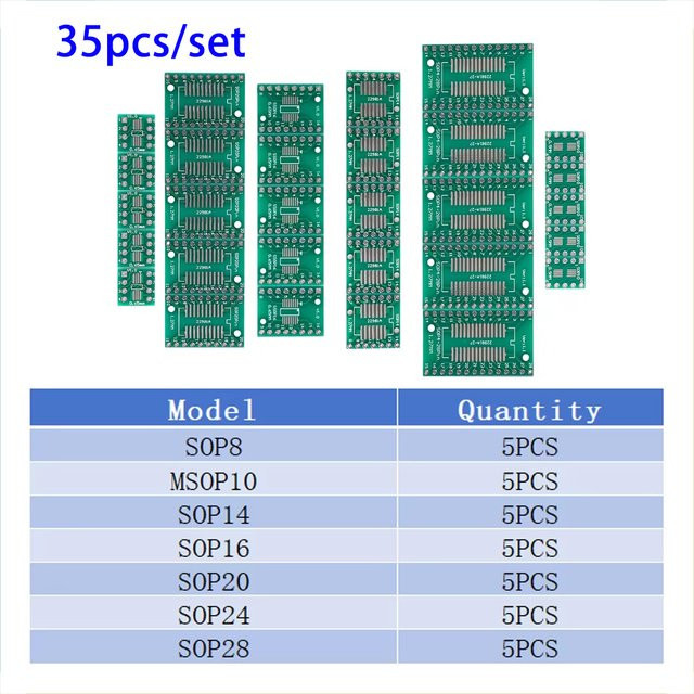 35er Set PCB Adapter Board Kit für SMD zu DIP Konvertierung, MSOP10, SOT23, SOP8, 16, 24, 28 Pins, Farbe: Grün - Bild 1