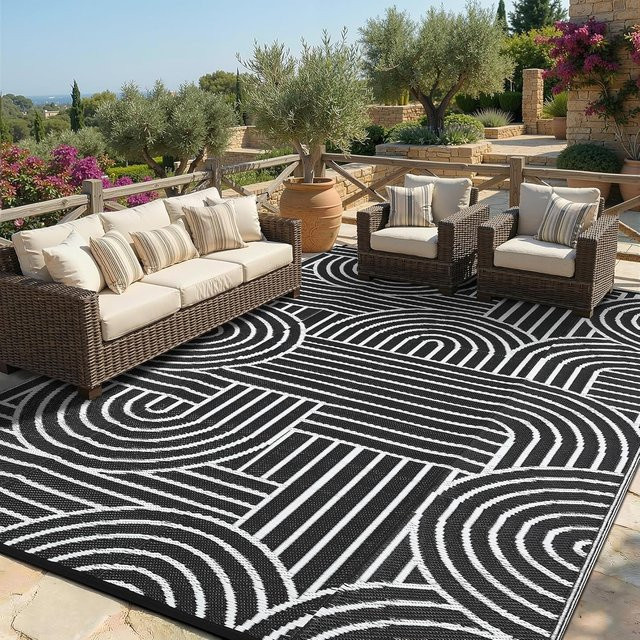 HiMISS Wasserdichter Outdoor-Teppich mit Diamant-Rand, Wendbarer Kunststoff-Stroh-Teppich für Terrasse und Camping, Blau/Schwarz, B: 244 cm, T: 152 cm - Bild 1