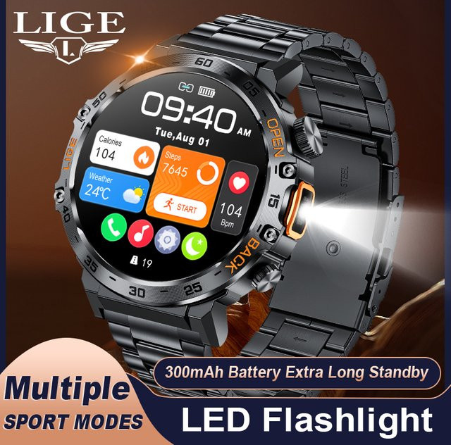 LIGE Smartwatch für Herren in Schwarz mit Bluetooth-Anruffunktion, 3ATM wasserdichtem Sport-Fitness-Armband, Gesundheitsmonitor und Taschenlampe mit über 100 Sportmodi - Bild 1