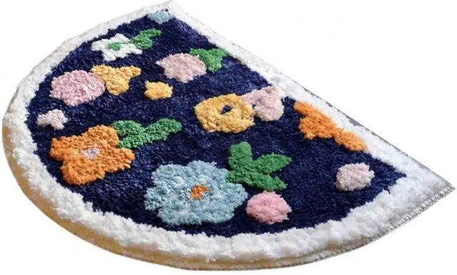 Rutschfeste Badematte im Boho-Stil mit Panda- und Blumenmuster, halbkreisförmig, grau, B/T: 60 x 40 cm - Bild 1