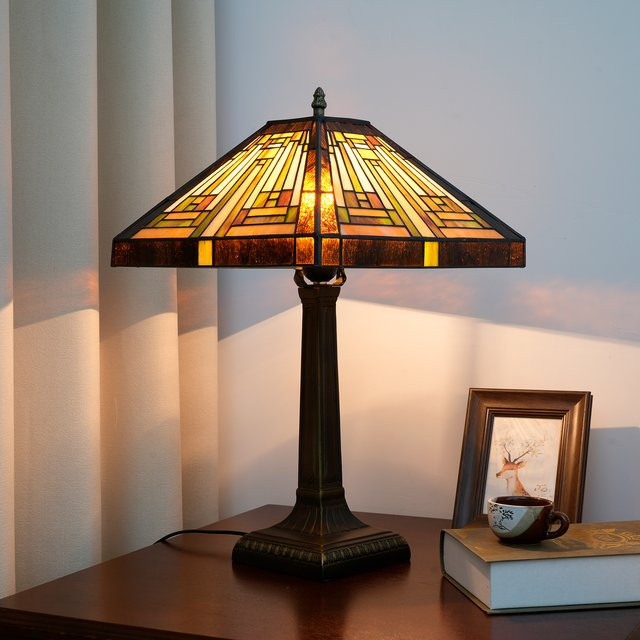 Retro-Tischlampe im Mission-Stil aus Buntglas und Metall in Braun und Multicolour - Bild 1