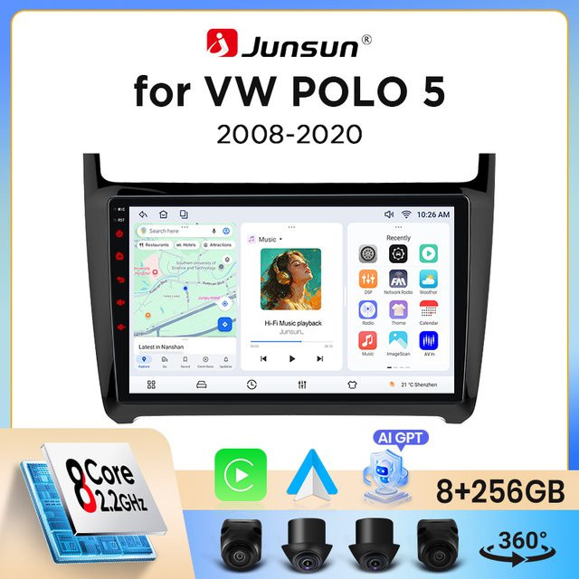Junsun Kabelloses CarPlay und Android Auto Autoradio für Volkswagen Polo Mk5 Typ 6R/6C 2009-2017 mit GPS Navigation, WiFi, Bluetooth und DSP in Schwarz - Bild 1