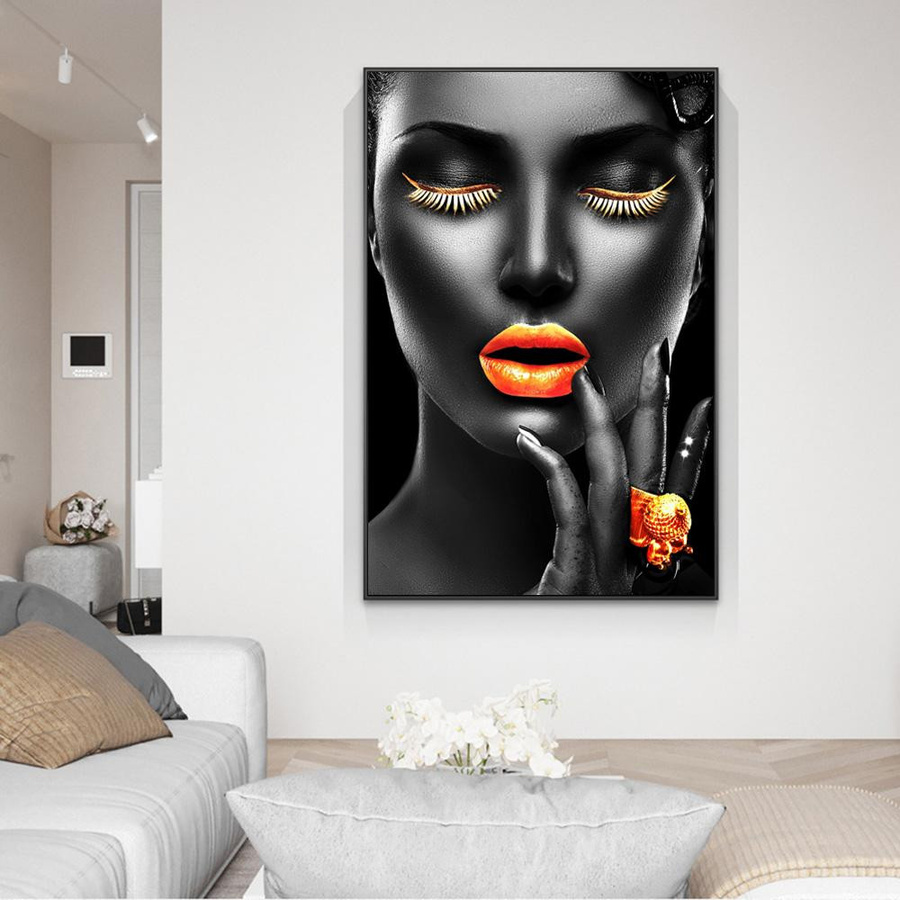 GIEKIKI Leinwandgemälde Afrikanische Kunst mit schwarzen Mädchen und goldenen Lippen, Wandbild Modern Portrait, B: 20 cm, H: 30 cm - Bild 3