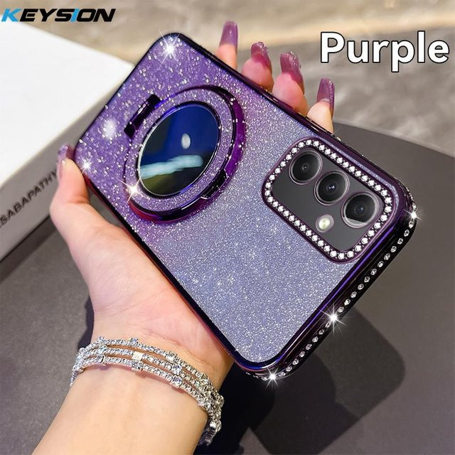 KEYSION Luxus Glitzer Handyhülle mit Make-up Spiegel und Magnetischem Ständer für Samsung Galaxy A54 5G, A34, A24, A14 in Violett - Bild 1