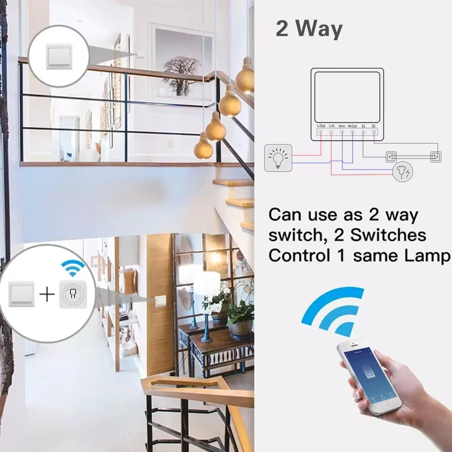 Tuya WiFi Smart Switch für 2-Wege-Steuerung, Drahtloses Leistungsrelais 16A 20A in Weiß, Smart Life App und Sprachsteuerung mit Alexa und Google Home - Bild 2