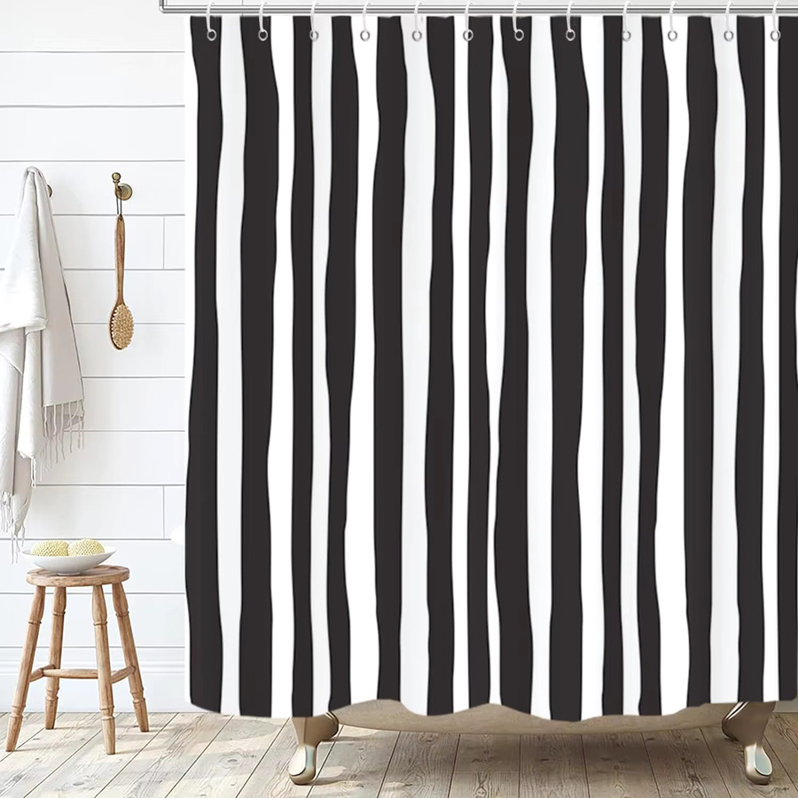 VIKAMA Duschvorhang mit schwarz-weißem Streifenmuster, wasserdichter Polyester-Duschvorhang in modernem Design, B/H: 180 x 180 cm - Bild 6