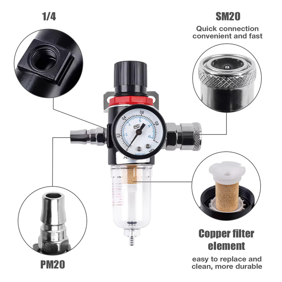 DECWLS AFR2000 Pipeline-Pneumatikfilter mit 1/4'' Anschluss und Kupferfilterelement als Luftdruckregler und Öl-Wasser-Abscheider für Luftkompressoren und Pneumatikwerkzeuge in Messing - Bild 4