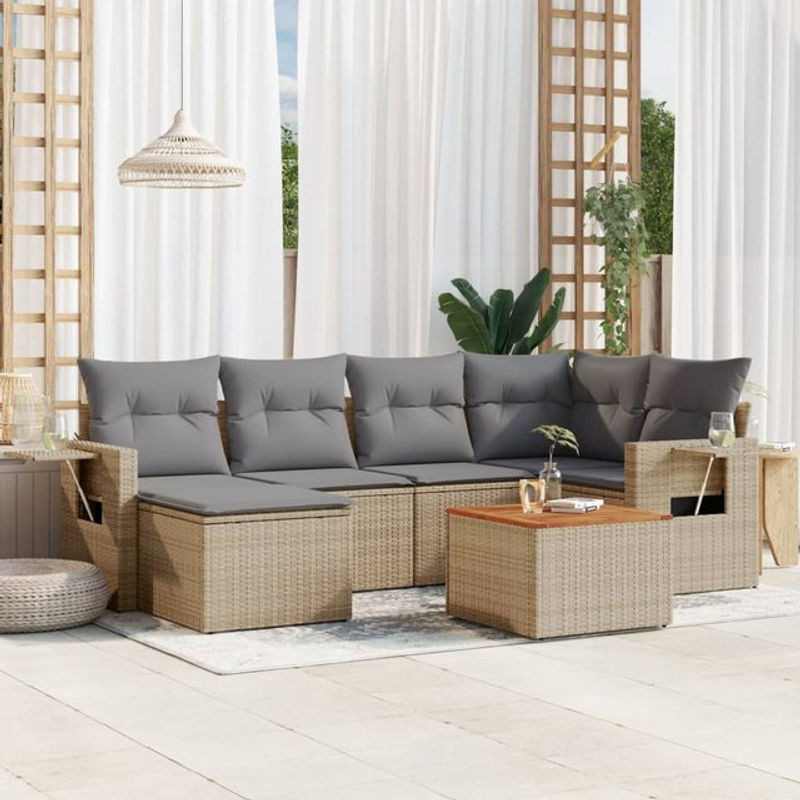 Vidaxl 7-teiliges Gartenmöbel-Set aus Rattan und Holz mit Kissen in Beige und Grau - Bild 1
