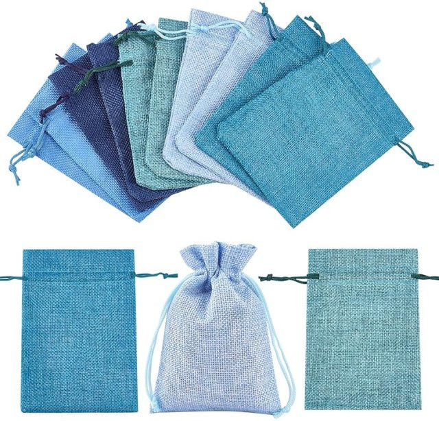 25 Stück Sackleinen-Verpackungsbeutel mit Kordelzug in Blau als Geschenktüten für Süßigkeiten oder Ostern - Bild 1