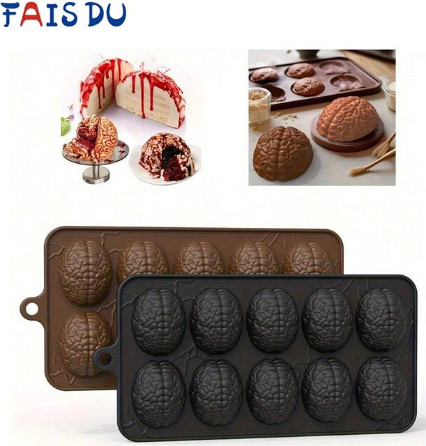 FAIS DU Silikon Schokoladenform in Gehirnform mit 10 Mulden, schwarze Backform für kreative DIY-Kuchen und Halloween-Dekorationen - Bild 1