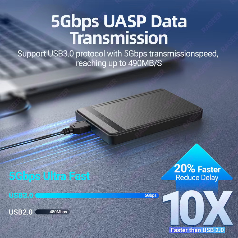 RAGEER USB 3.0 zu SATA III 2,5-Zoll externes Festplattengehäuse für HDD und SSD, Schwarz, bis zu 4 TB Unterstützung - Bild 2