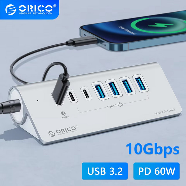 ORICO USB 3.2 Hub Typ C mit 7 Ports und PD 60W Ladestation, 10 Gbit/s Expander in Silber - Bild 1