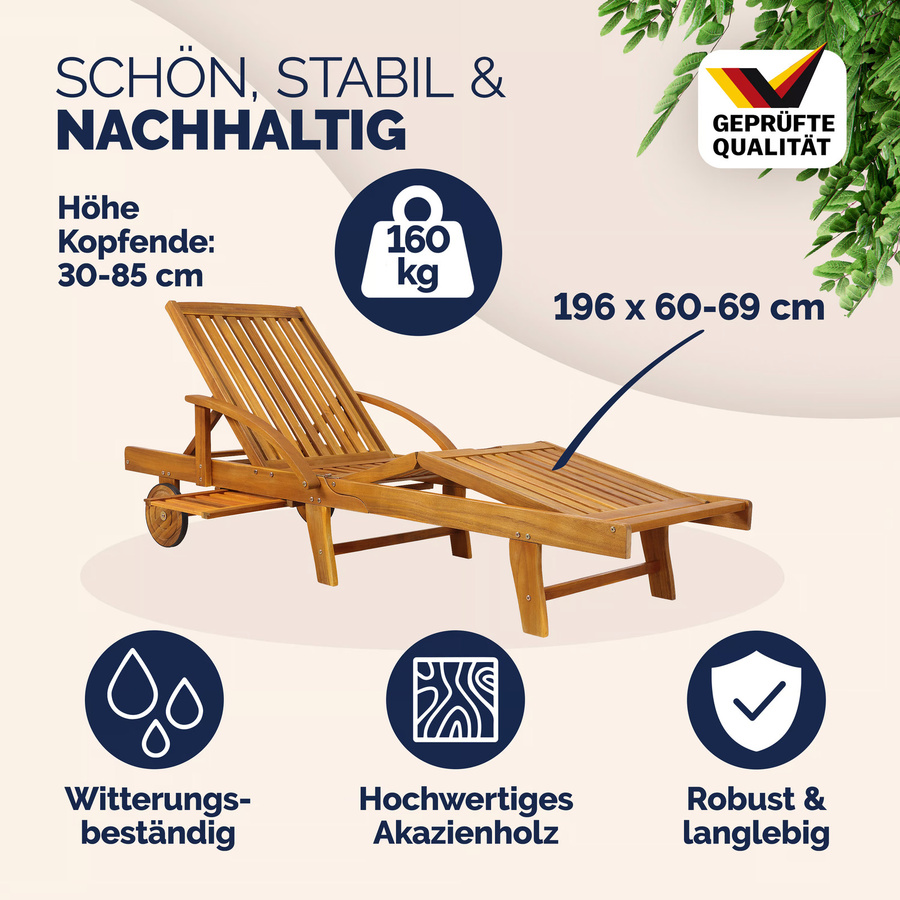 CASARIA Gartenliege aus Akazienholz klappbar mit verstellbarer Rückenlehne, Ausziehtisch und Rollen, Braun - Bild 2
