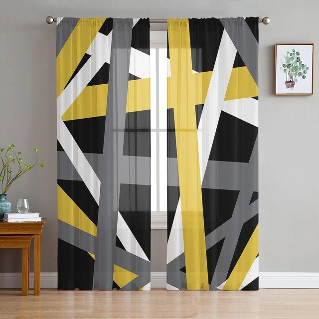 Transparenter Tüllvorhang mit geometrischem Linienmuster von A Family Of Home Textiles in Gelb und Grau, Breite: 135 cm, Höhe: 183 cm - Bild 1