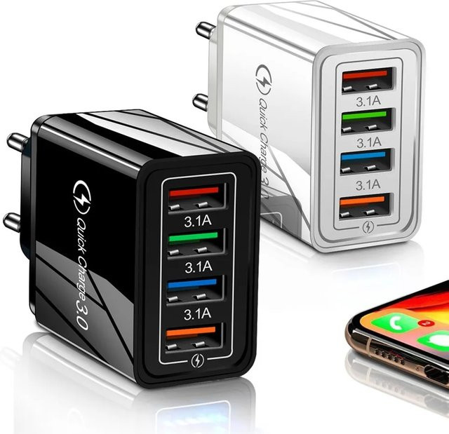 Kuwai Multi-Port USB-Schnellladegerät mit 4 USB-A Anschlüssen und Quick Charge 3.0 für Handy und Tablet, EU-US-Stecker - Bild 1