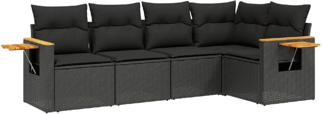 vidaXL 5-tlg. Garten-Sofagarnitur in L-Form aus PE-Rattan und Akazienholz mit Kissen, Schwarz - Bild 1