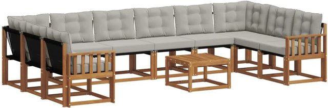 vidaXL Outdoor-Sofagarnitur aus Akazienholz in U-Form, 11-teiliges Set mit Textilene-Elementen und Kissen, Natur und Hellgrau - Bild 1