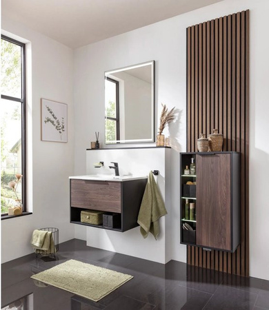 Fackelmann Midischrank B.Paris in Schwarz Matt und Eiche mit LED-Beleuchtung und Soft-Close-Türen, B/T/H: 47 x 32 x 84,2 cm