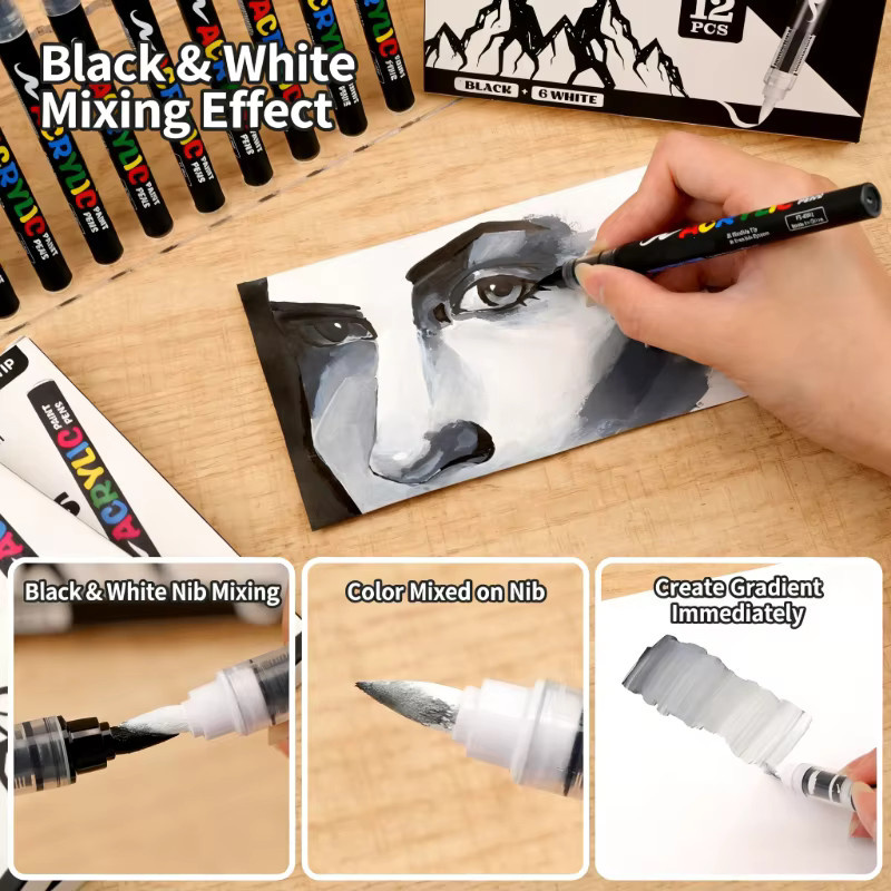 8er-Pack zweifarbiges Markierungsset in Schwarz und Weiß mit großem Tintenfassungsvermögen für Illustrationen, Skizzen, Holz, Glas und Stoff - Bild 4