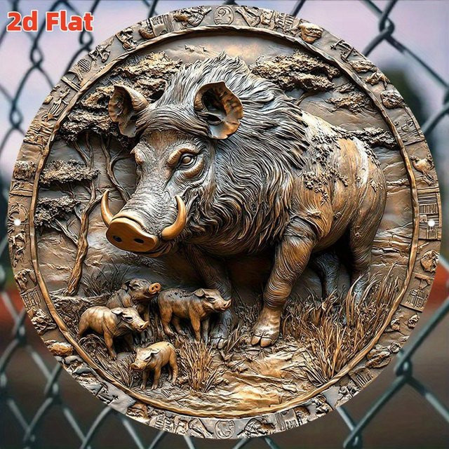 HELLOYOUNG Wildschwein Wandkunst aus Metall, 2D Tier-Skulptur in runder Form für Innen- und Außenbereich, Durchmesser: 20 cm - Bild 1