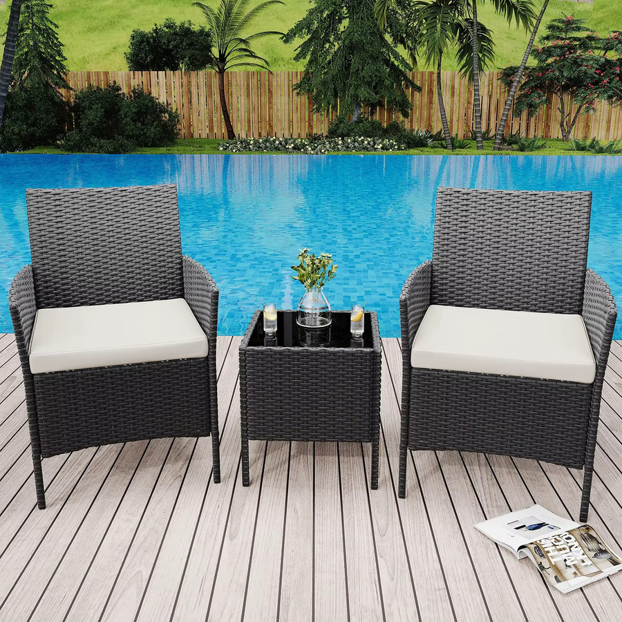 3-teiliges HiMISS Outdoor-Bistro-Set aus Polyrattan mit Glas-Couchtisch und gepolsterten Kissen in Schwarz und Beige - Bild 7