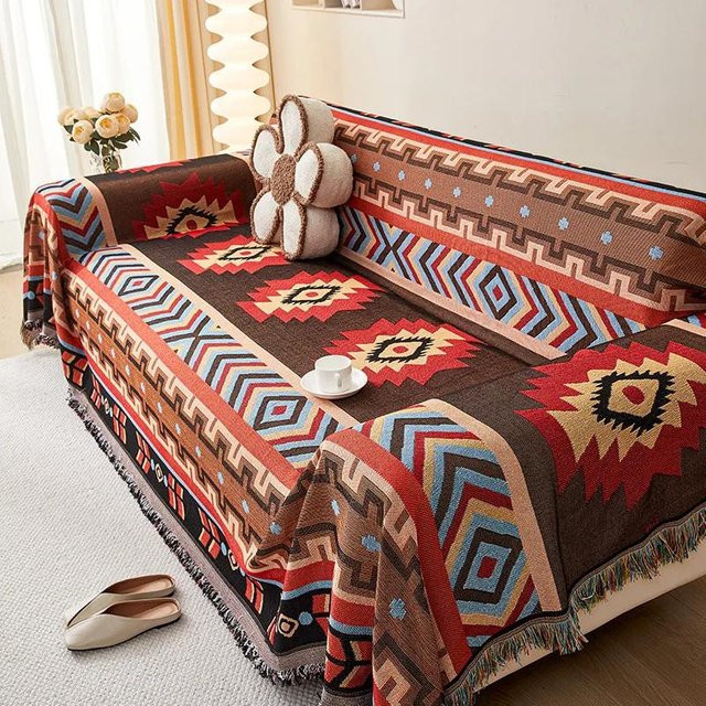 Boho Sofa Überwurf aus Baumwolle und Leinen mit Blumenmuster in Multicolour, B/B: 180 x 340 cm - Bild 1