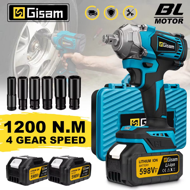 Gisam Bürstenloser elektrischer Schlagschrauber mit 1200 N.m Drehmoment, 1/2 Zoll, Blau, kompatibel mit Makita 18V LXT Akkus - Bild 1