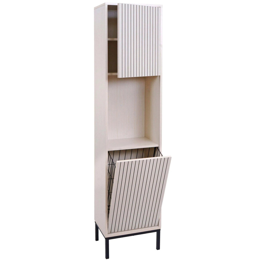 MCW Hochschrank MCW-O42 Badschrank mit Wäschekorb und offenen Regalfächern in Beige Holzoptik, H x B x T: 174 x 39 x 30 cm - Bild 2