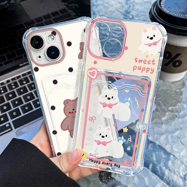 AKABEILA Handyhülle mit Kartenhalter im niedlichen Hundedesign für iPhone 11 bis 16 Pro Max, stoßfeste Silikon Hülle in Multicolour - Bild 1