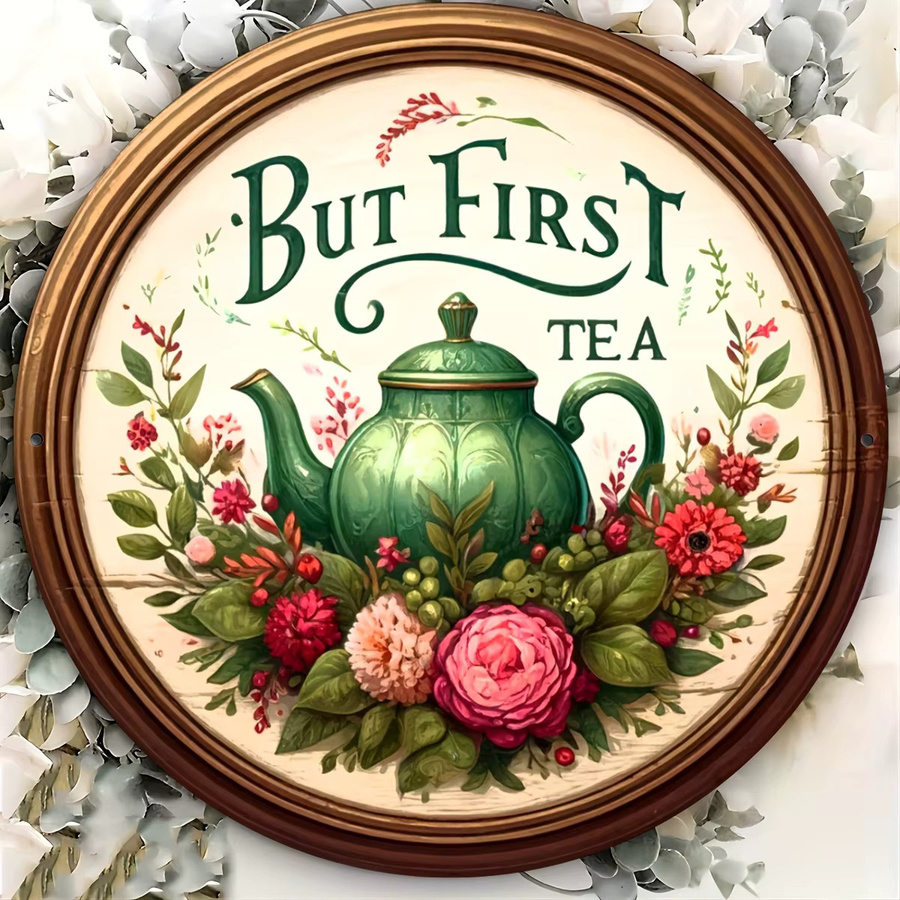 Potdemiel Rundes Metallschild But First Tea Vintage Design mit floralen Elementen, Durchmesser: 20,3 cm, Mehrfarbig - Bild 4