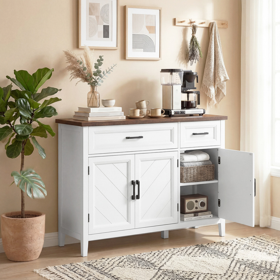 HOMCOM Sideboard in Weiß mit 3 Chevron-Türen, 2 Schubladen und 2 verstellbaren Einlegeböden im rustikalen Stil, B/T/H: 110 x 35 x 80,5 cm - Bild 2