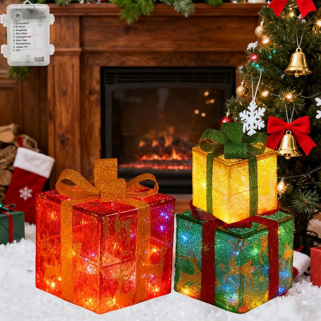 3-teiliges Set Weihnachts-Hirsch-Geschenkboxen mit 50 warmweißen LEDs zur Innen- und Außendekoration in Mehrfarbig - Bild 1