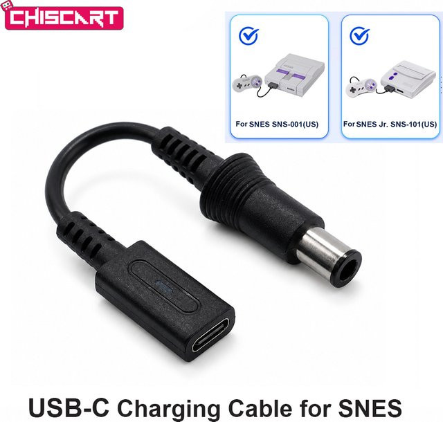 ChisCart USB-C zu DC 9V Stromadapter Konverter für Nintendo SNES SNS-001 und SNS-101 Spielkonsole, Schwarz, 10 cm - Bild 1