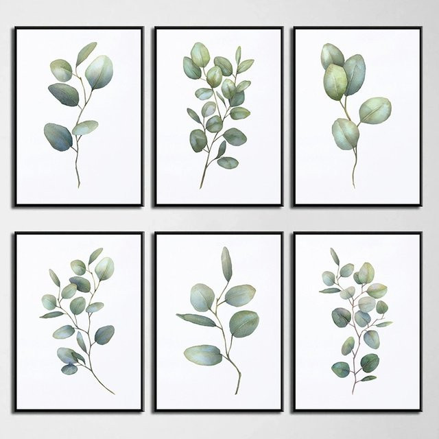 Potdemiel Botanische Eukalyptusblätter Wandkunst als grünes Aquarell-Leinwandgemälde und Poster zur Heimdekoration - Bild 1