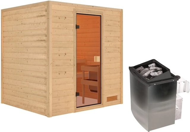 Karibu Sauna Adelina Set Naturbelassen in Braun mit 9 kW Ofen und integrierter Steuerung - Bild 1