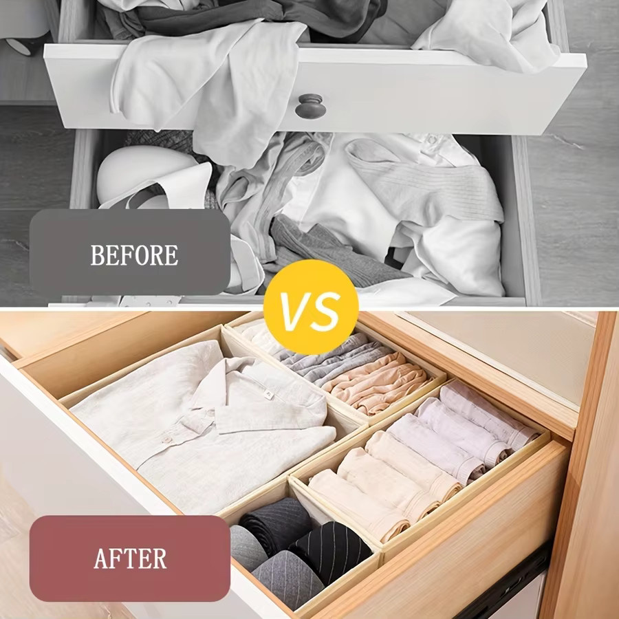 6er Set faltbare Kleidung Aufbewahrungsboxen aus Stoff in Beige für Unterwäsche, BHs und Socken - Bild 2