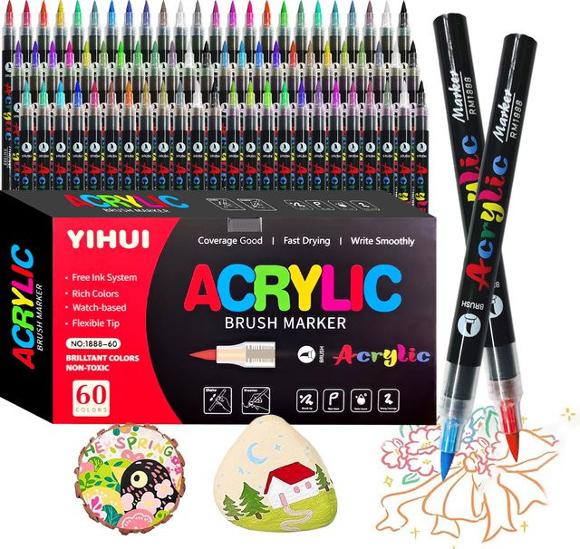 Acrylfarbmarker Set mit 60 Farben und Pinselspitze für DIY-Handwerk auf Stein, Holz, Glas und Keramik, Mehrfarbig - Bild 1