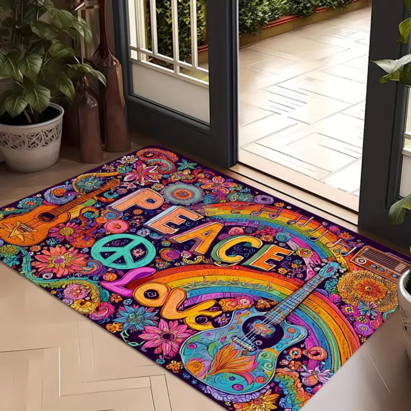 VIKAMA Hippie Peace & Love Teppich, bunter Boho-Teppich mit Regenbogen- und Gitarren-Print, rutschfest und waschbar, Multicolour - Bild 3