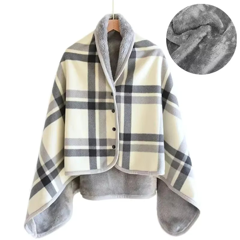 DUTRIEUX Fleece-Überwurfdecke mit Ärmeln und Knöpfen, kariertes Design, warm für Winter, Büro und Reisen, B/T: 130 x 80 cm - Bild 6