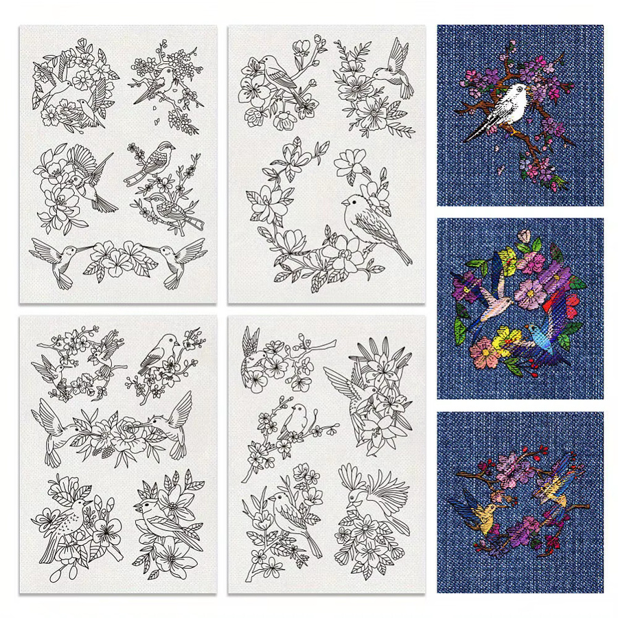Wasserlöslicher Stickstabilisator mit 18 Vogel- und Blumendesigns, 4 Blatt Transferpapier für Stick & Stitch, Weiß, Breite: 29,7 cm, Höhe: 23,6 cm - Bild 3
