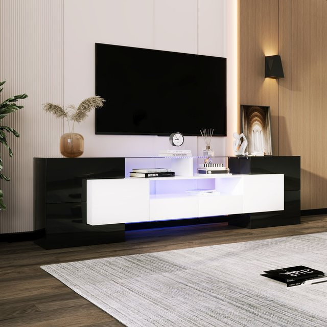 Moderner TV-Schrank von GL Store in Schwarz und Weiß mit Hochglanz-Finish, Glasoberfläche und integrierter LED-Beleuchtung, Breite: 200 cm, Höhe: 60,7 cm - Bild 1