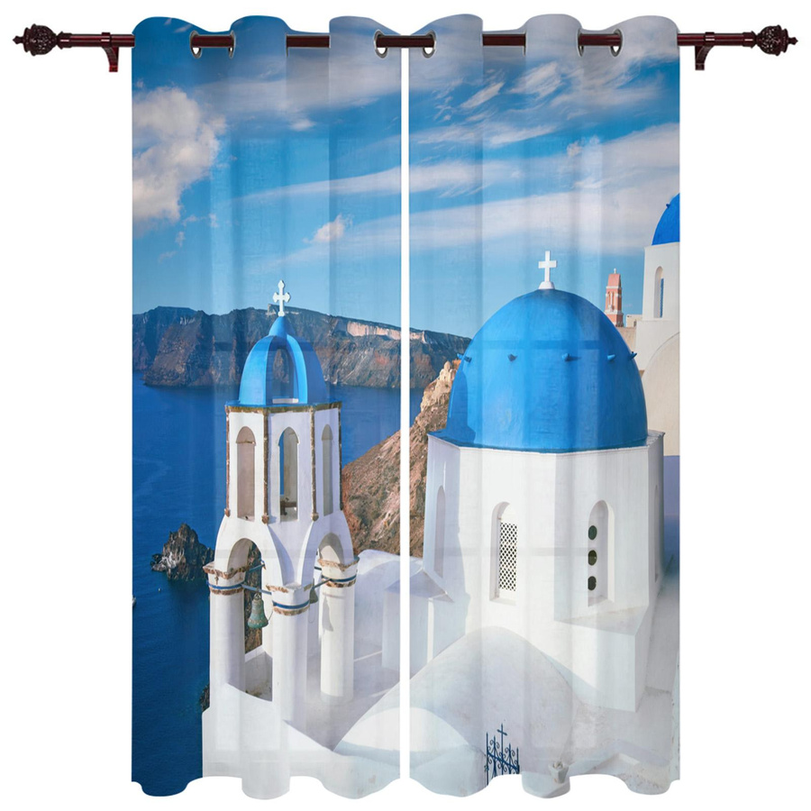 Dekorative Vorhänge mit Santorini Griechenland Motiv in Blau für Wohnzimmer, Küche oder Schlafzimmer, Breite: 135 cm, Höhe: 60 cm - Bild 1
