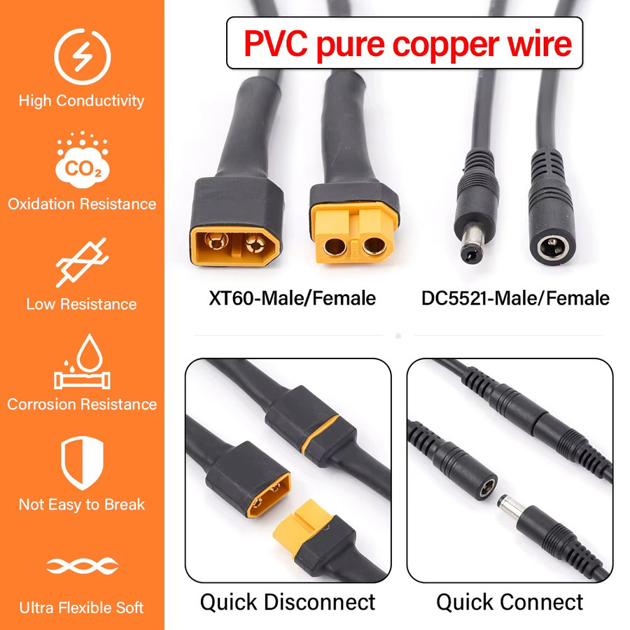 HulitTop Solar Connection Line XT60 Stecker und Buchse auf DC5521 18AWG Stromkabel-Adapter in Schwarz - Bild 3