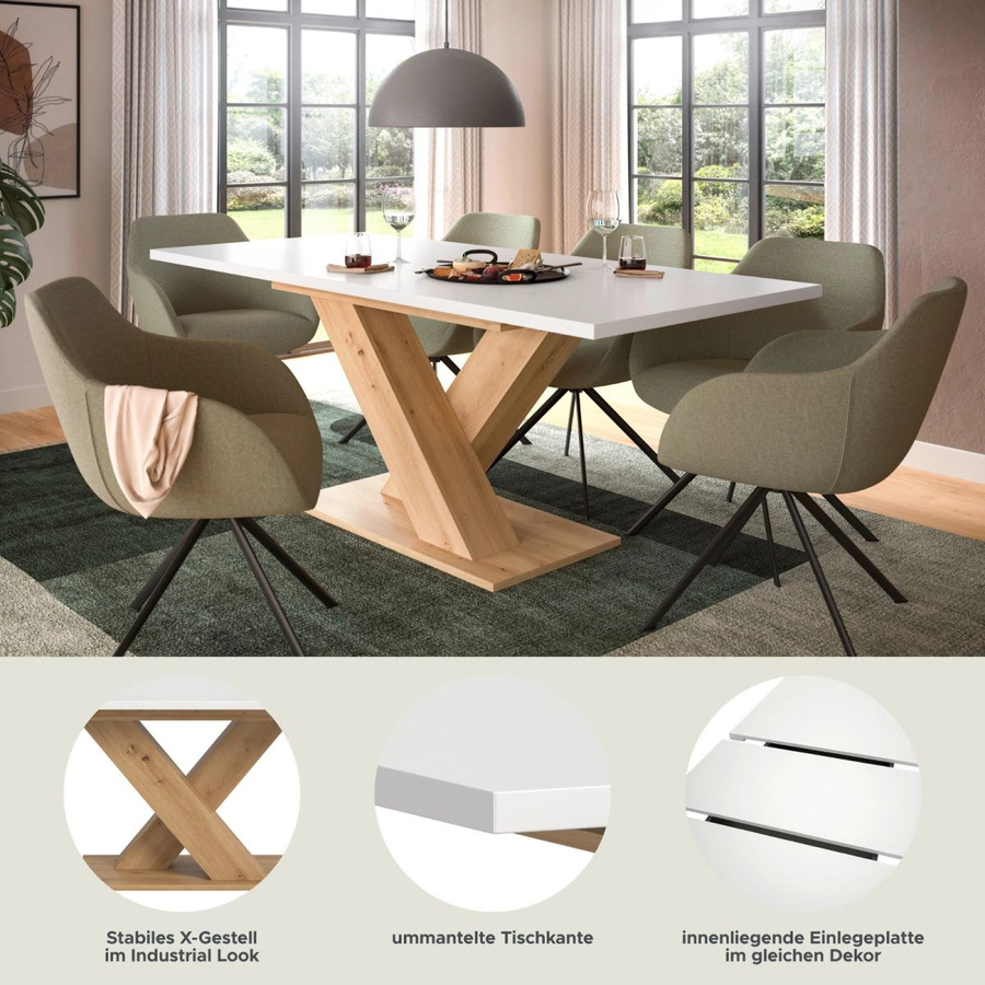 Inn.Furn Esstisch ausziehbar in Weiß und Eiche, rechteckig, B/T/H: 150 x 90 x 76 cm bis 190 x 90 x 76 cm - Bild 4
