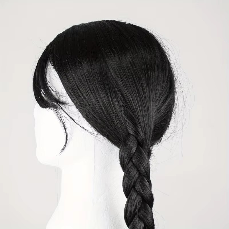 Suri Hair Perücke, lange schwarze geflochtene synthetische Damenperücke mit Pony, 2 geflochtene Pferdeschwänze - Bild 3