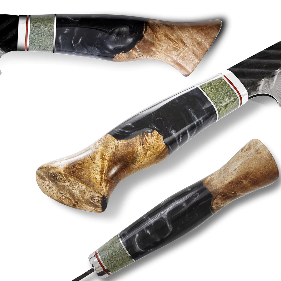 SHANGDAO Damast-Allzweckmesser mit handgeschmiedeter Klinge, Holzgriff und Lederscheide, Multicolour, Länge: 11,9 cm - Bild 3