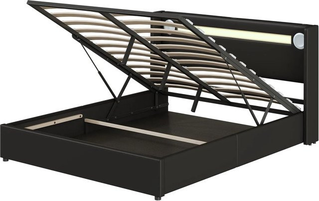 Merax Polsterbett mit Lift-up-Funktion in Schwarz, B/T/H: 160 x 200 x 166 cm, mit LED-Unterbettbeleuchtung, Bluetooth und USB-Anschluss - Bild 1