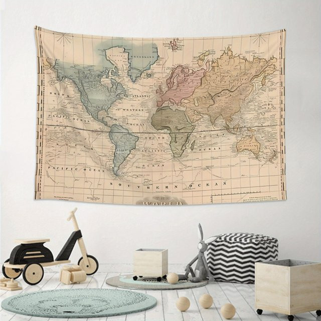 VIKAMA Vintage Weltkarten Wandteppich in Multicolour für Schlafzimmer und Wohnheim - Bild 1
