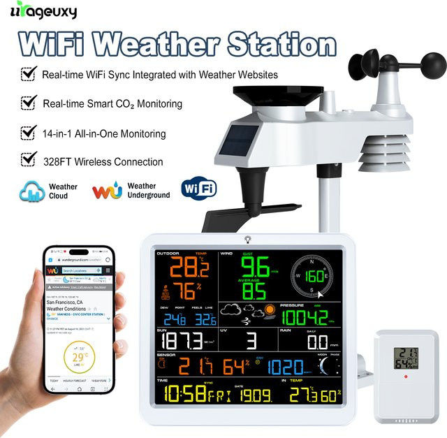 Urageuxy Drahtlose WiFi-Wetterstation in Weiß mit Innen- und Außenthermometer, Solarstrom, App-Warnungen und Überwachung von Temperatur, Luftfeuchtigkeit sowie CO2 mit 100 m Reichweite - Bild 1