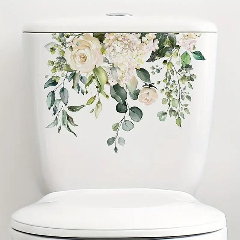 Wasserdichter Vinyl Aufkleber mit floralem Pflanzenmotiv in Grün und Mehrfarbig zur Dekoration von Toiletten - Bild 1